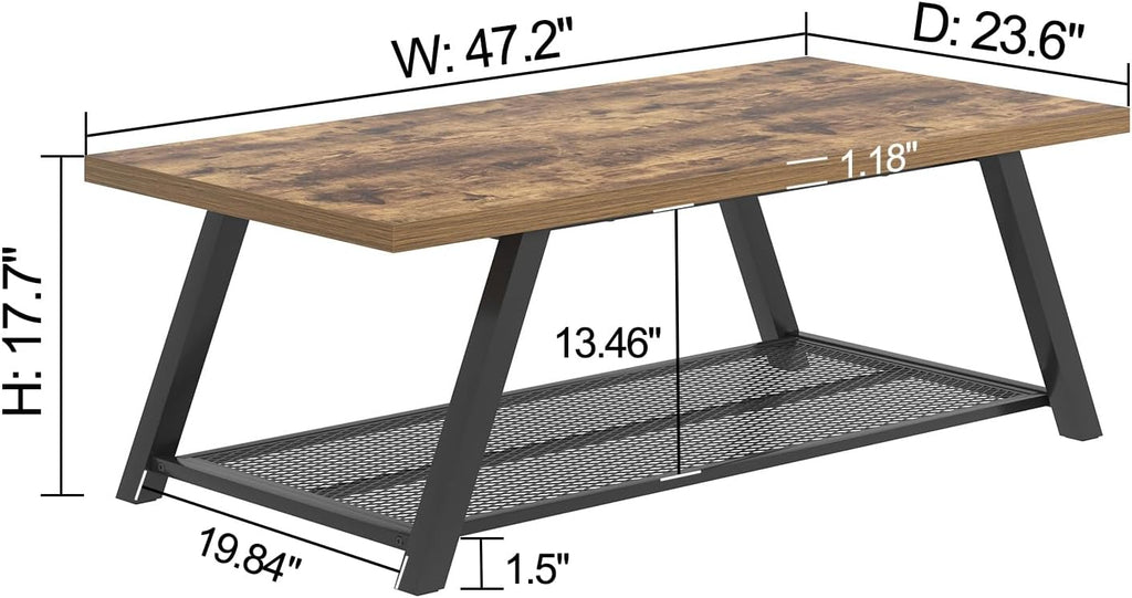 FOLUBAN Modern Coffee Table, Wood and Metal Coffee Tables for Living Room with Storage Shelf, Industrial Rectangle Cocktail Tea Table, Rustic Brown, 47 Inch