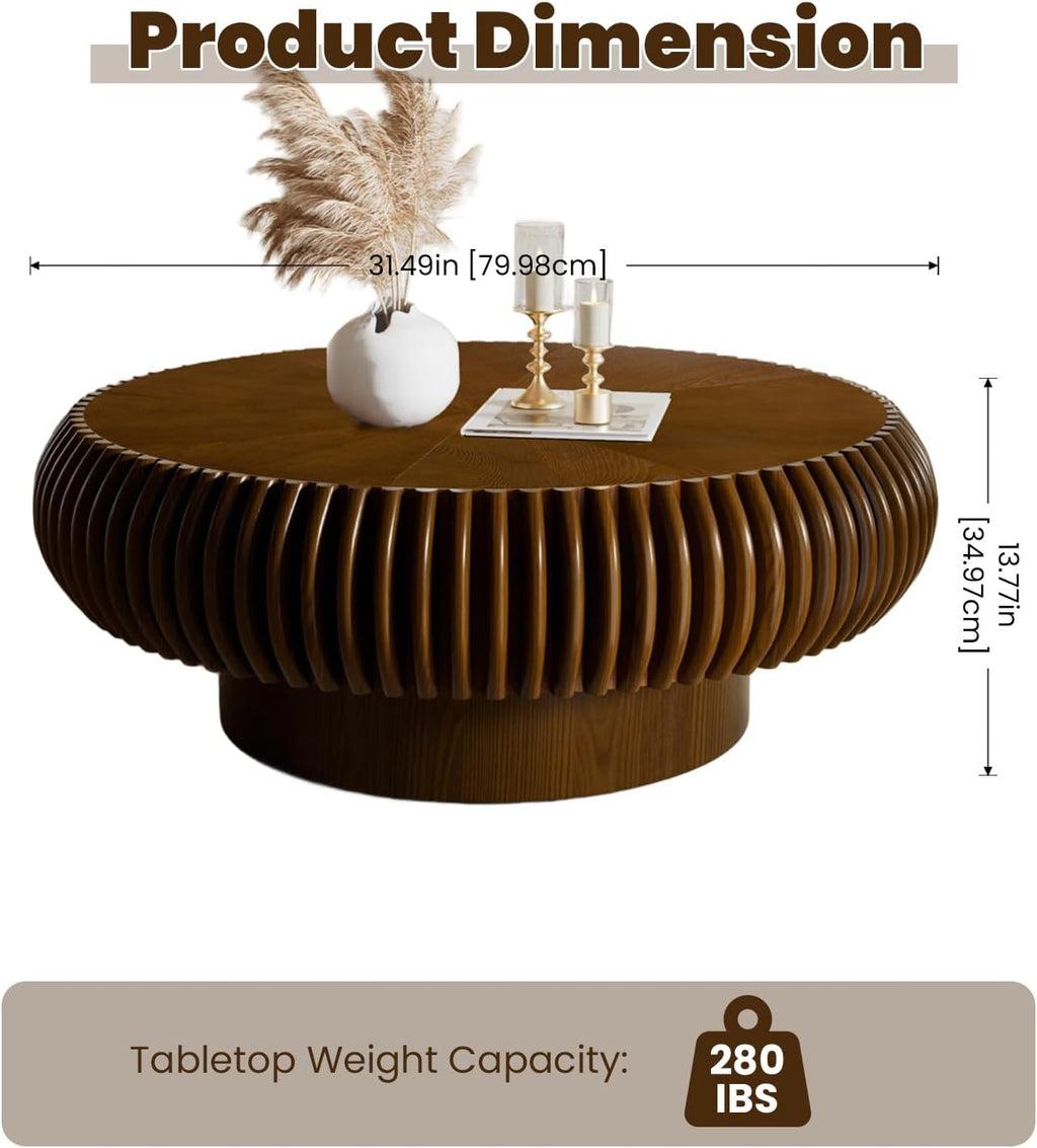31.5' Drum Coffee Table Modern Unique Fluted Tea Table Contemporary Wood Round Coffee Table with Fluted Centry Table for Living Room Walnut (31.5' Walnut)