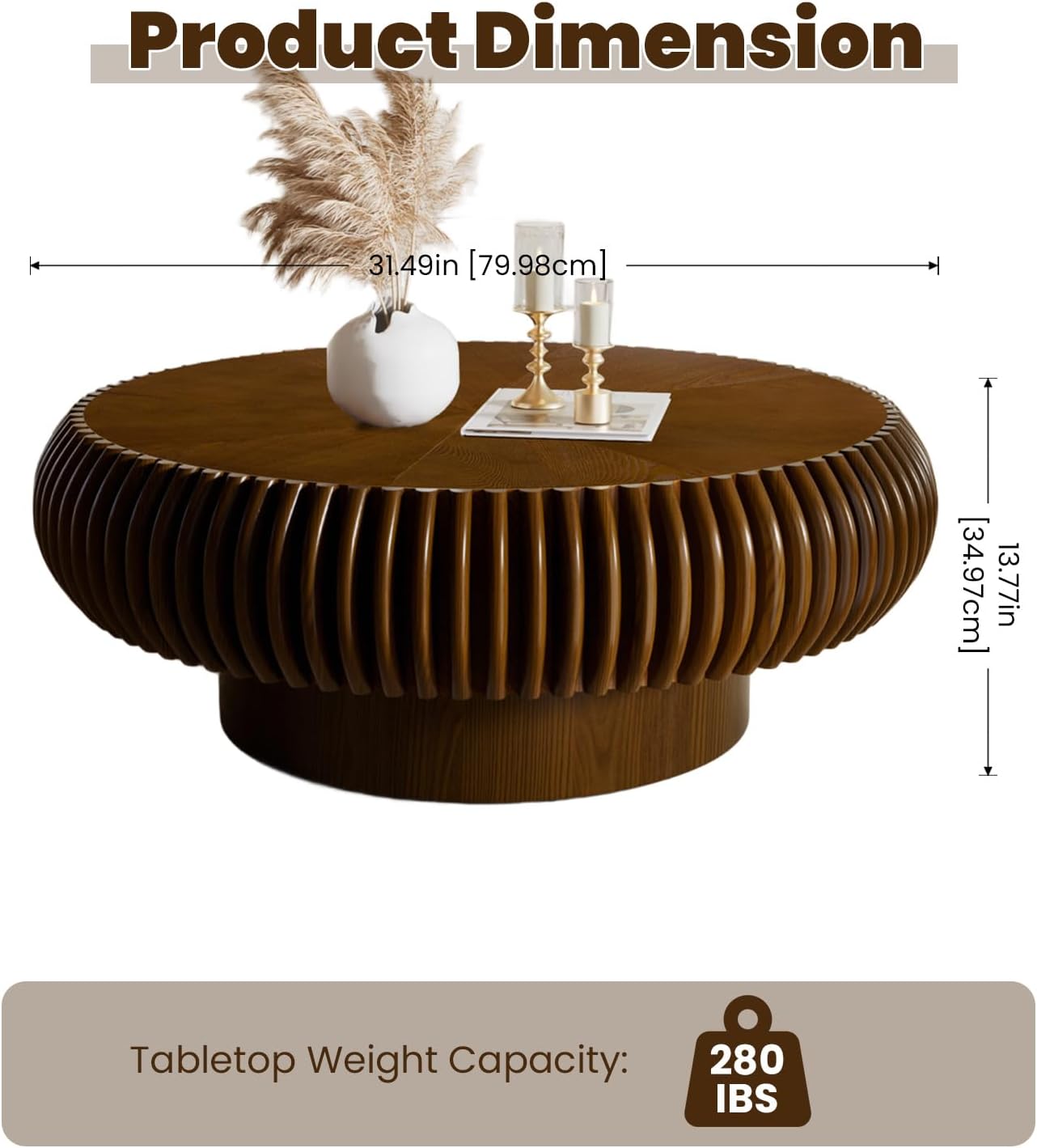 31.5' Drum Coffee Table Modern Unique Fluted Tea Table Contemporary Wood Round Coffee Table with Fluted Centry Table for Living Room Walnut (31.5' Walnut)