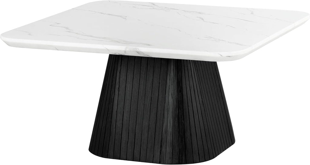 Furniture of America Coraly Modern 36-inch Square Coffee Table with High Gloss Faux Marble Top and Fluted Pedestal Base for Small Space, Living Room, Home Office, Black and White