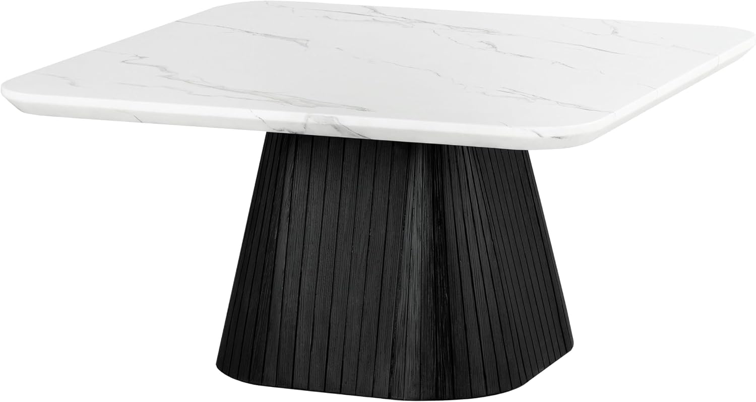 Furniture of America Coraly Modern 36-inch Square Coffee Table with High Gloss Faux Marble Top and Fluted Pedestal Base for Small Space, Living Room, Home Office, Black and White