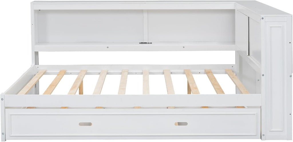 LUMISOL Full Size Corner Bed with Storage Shelves & Trundle, Wooden L-Shaped Day Bed Frame with Charging Station & LED Lighting for Living Room or Guestroom, White