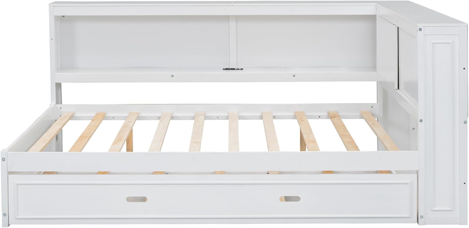 LUMISOL Full Size Corner Bed with Storage Shelves & Trundle, Wooden L-Shaped Day Bed Frame with Charging Station & LED Lighting for Living Room or Guestroom, White