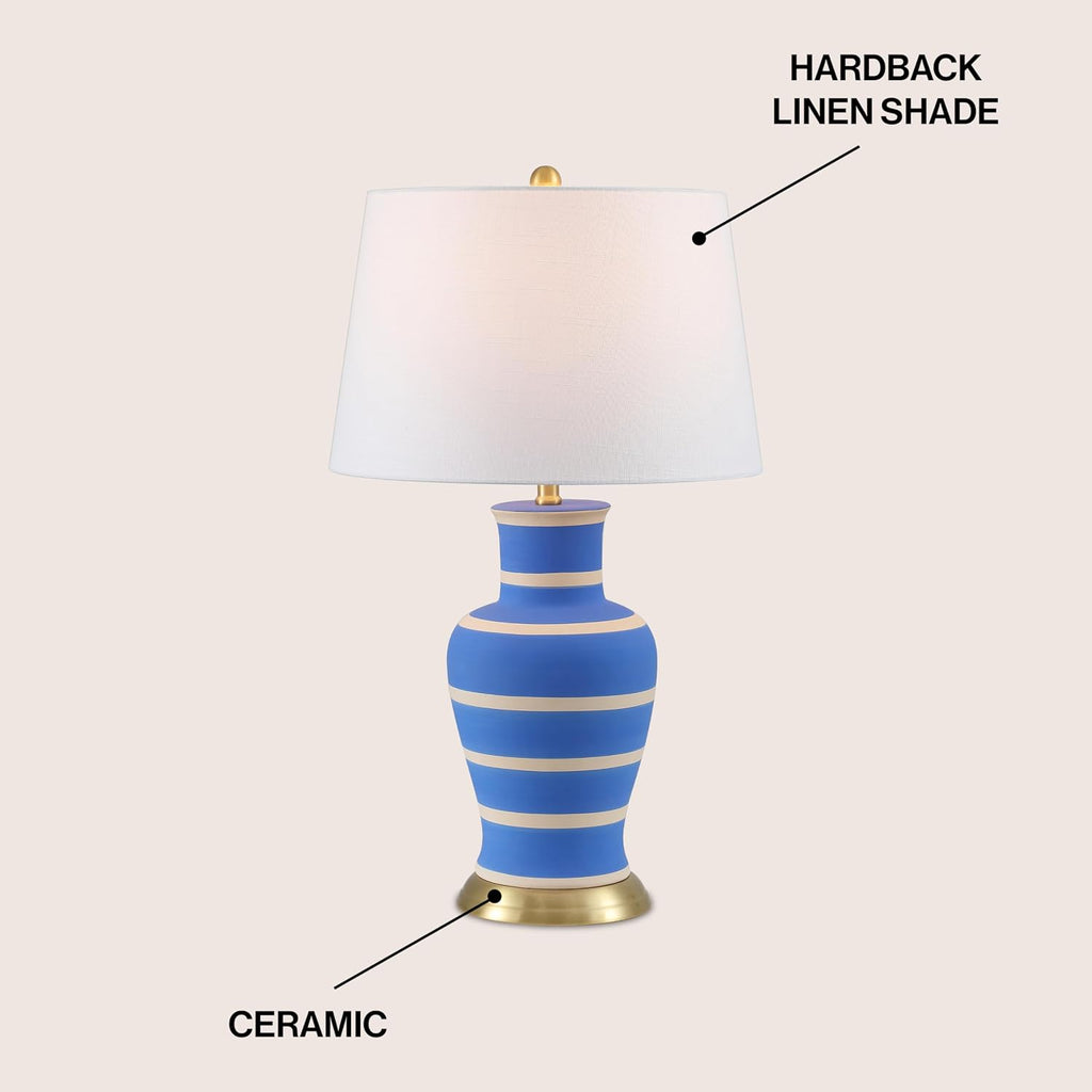 JONATHAN Y 29' Blue/Beige Traditional Ceramic Urn LED Table Lamp for Bedroom Decor, White Linen Drum Shade, Classic Nightstand Lamp for Living Room, LED Bulb Included (JYL4026L)