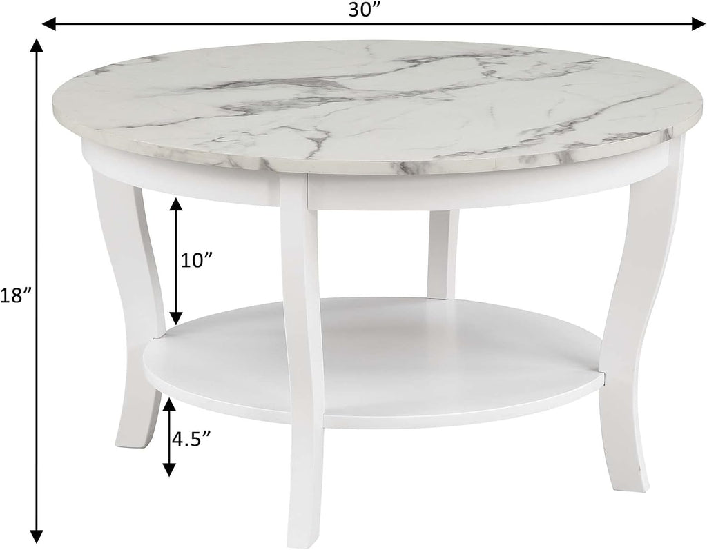 Convenience Concepts American Heritage Round Coffee Table 30' - Classic Living Room Table with Storage Shelf, Traditional Round Family Room Center Table, White Faux Marble/White