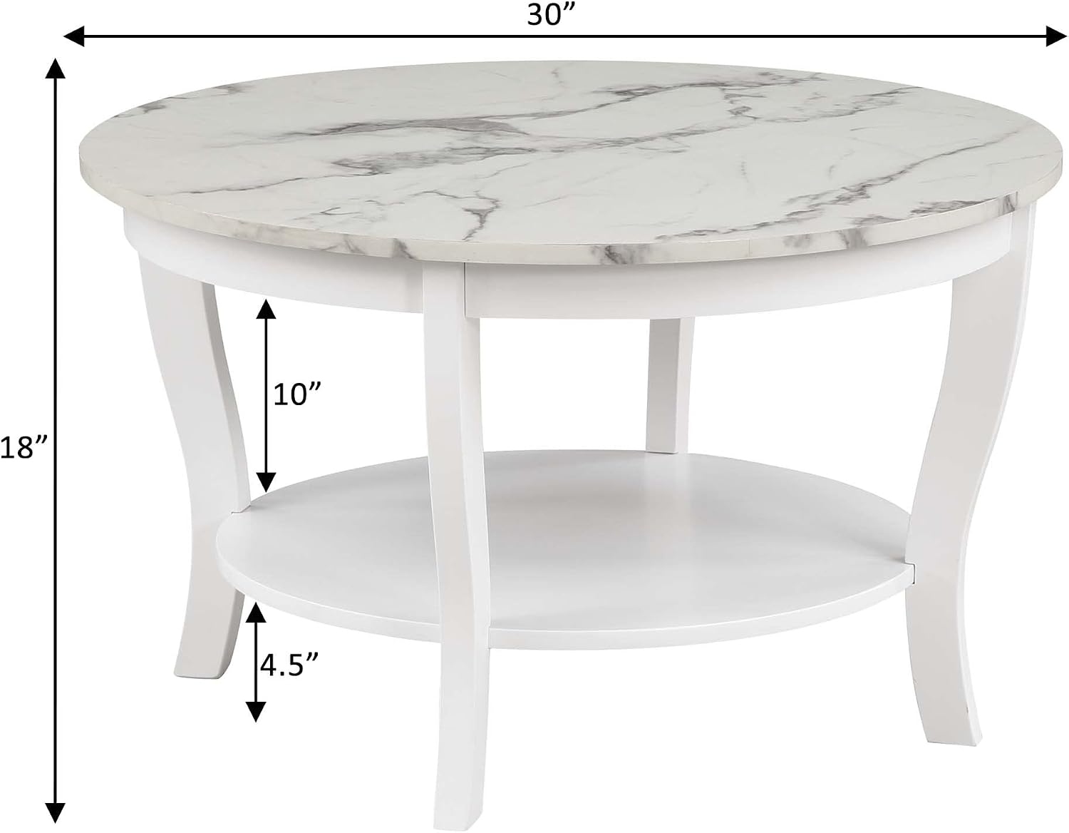 Convenience Concepts American Heritage Round Coffee Table 30' - Classic Living Room Table with Storage Shelf, Traditional Round Family Room Center Table, White Faux Marble/White