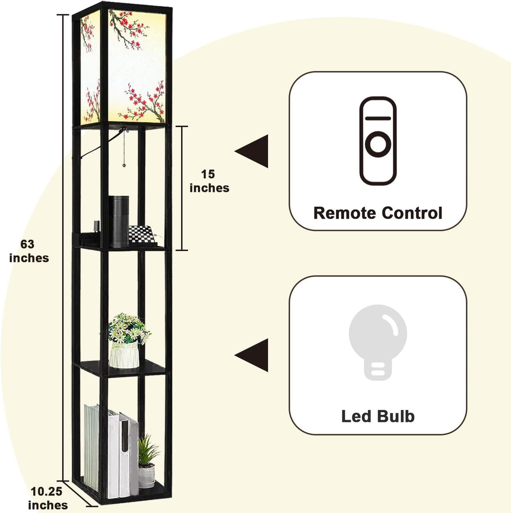 Floor Lamp with Shelves Oriental Cherry Tree Blossom n Rice Paper Standing Tall Lamp USB Ports & Power Outlet Modern Corner Lamp Nightstand Light for Living Room Bedroom