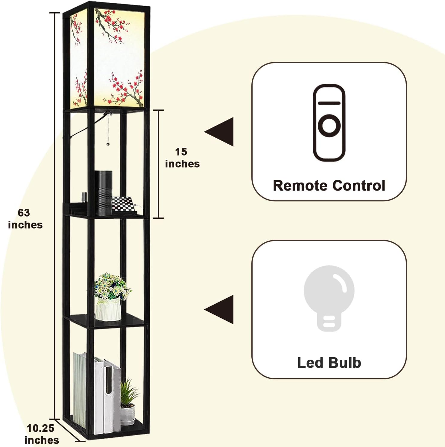 Floor Lamp with Shelves Oriental Cherry Tree Blossom n Rice Paper Standing Tall Lamp USB Ports & Power Outlet Modern Corner Lamp Nightstand Light for Living Room Bedroom