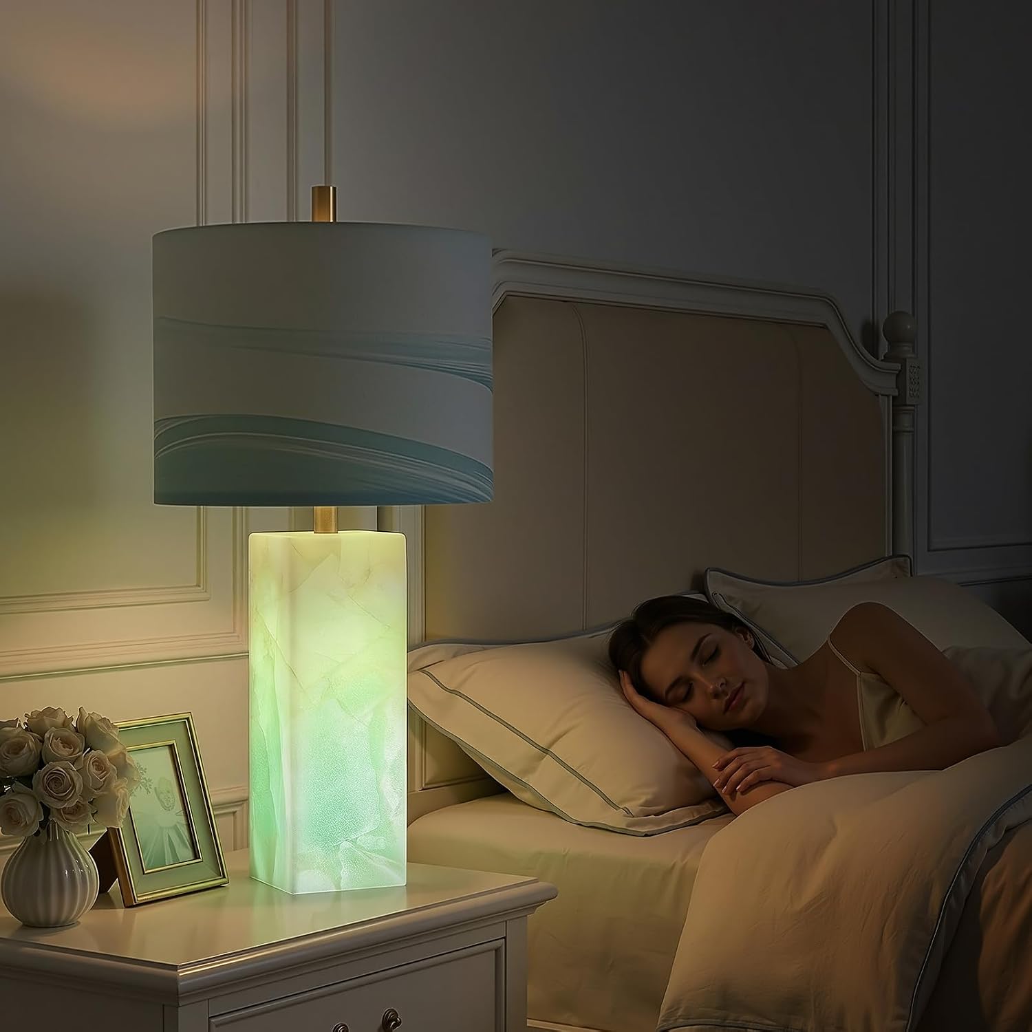 Scenekoy 23' Alabaster Table Lamp Set of 2 with Night Light for Bedroom Living Room, Rotary Switch, Blue Table Lamp with Linen Shade, Modern Nightstand Lamps for Room Bedside Bedroom (Bulb Included)