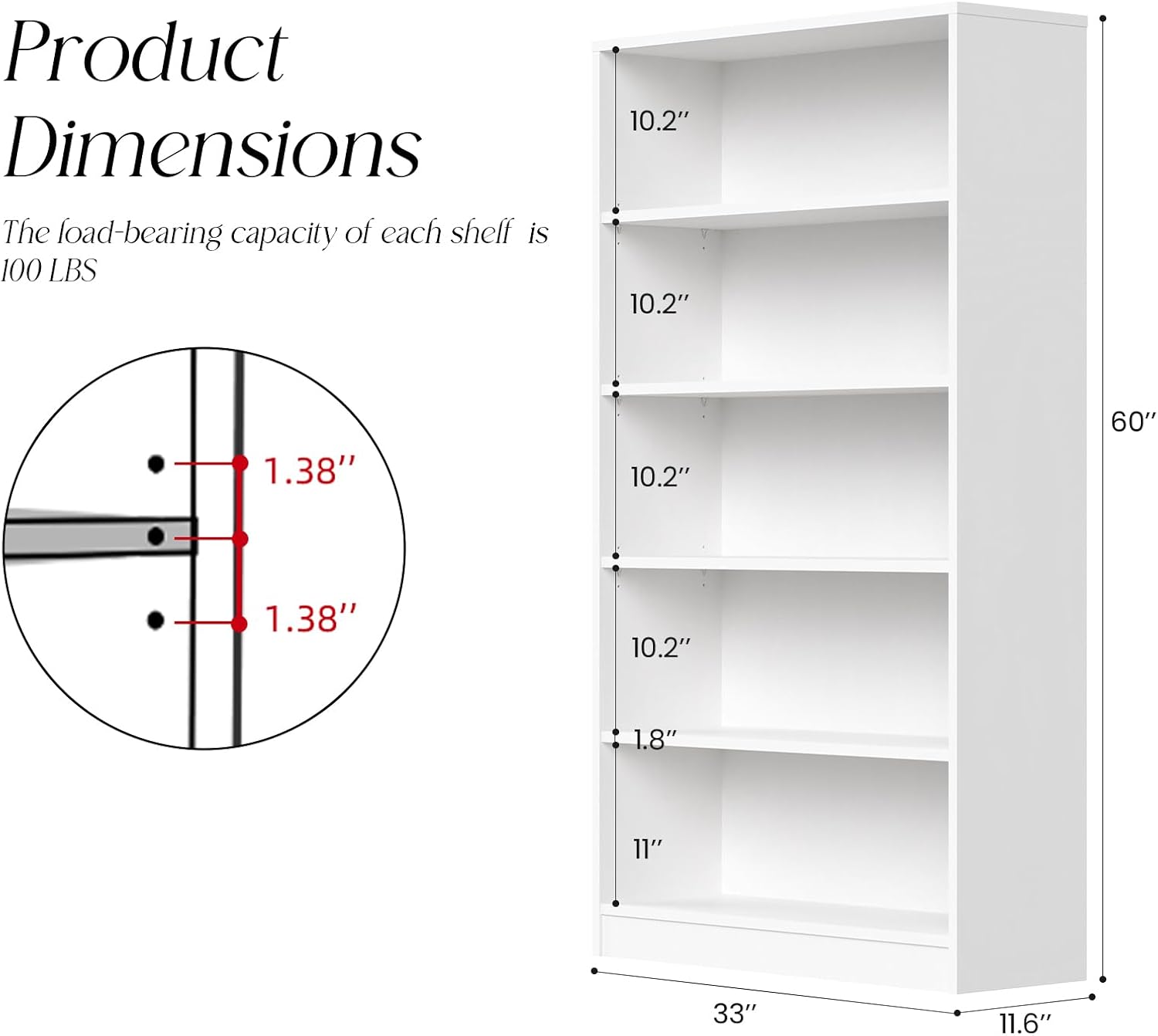 Farini 60 Inch Tall 5-Shelf Bookcase, Wood Bookshelf Storage Organizer Adjustable Shelf for Home Office, Study Room, Easy Assembly,White