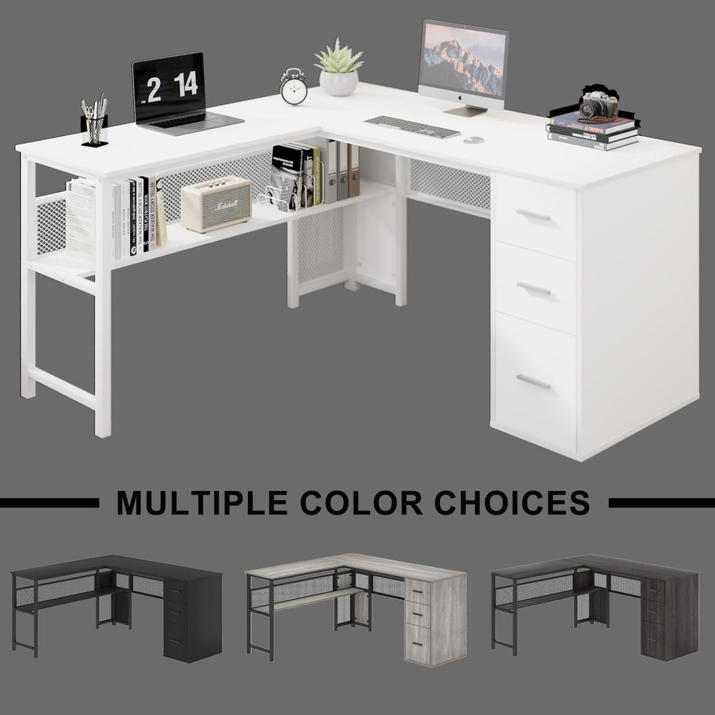 LVB White L Shaped Corner Desk with Drawers, Reversible Modern L-Shaped Computer Desk with Storage Cabinet Shelves, Large Wood Metal L Shape Home Office Desk for Work Study Writing Gaming, 59 Inch
