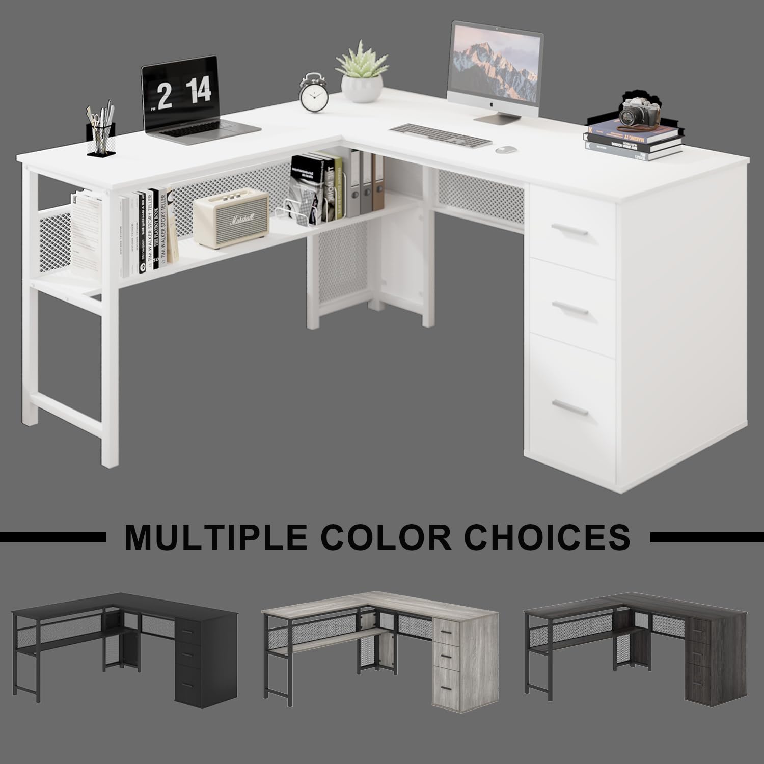 LVB White L Shaped Corner Desk with Drawers, Reversible Modern L-Shaped Computer Desk with Storage Cabinet Shelves, Large Wood Metal L Shape Home Office Desk for Work Study Writing Gaming, 59 Inch