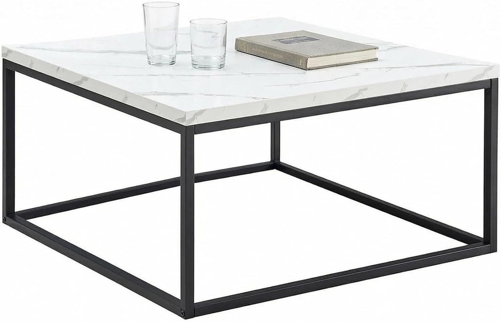 CENSI 30' Square Coffee Table, White Faux Marble Center Table for Living Room, Modern Minimalist Cocktail Table with Black Metal Frame, Extra Thick 1.2' Wood Top, Sturdy & Easy Assembly