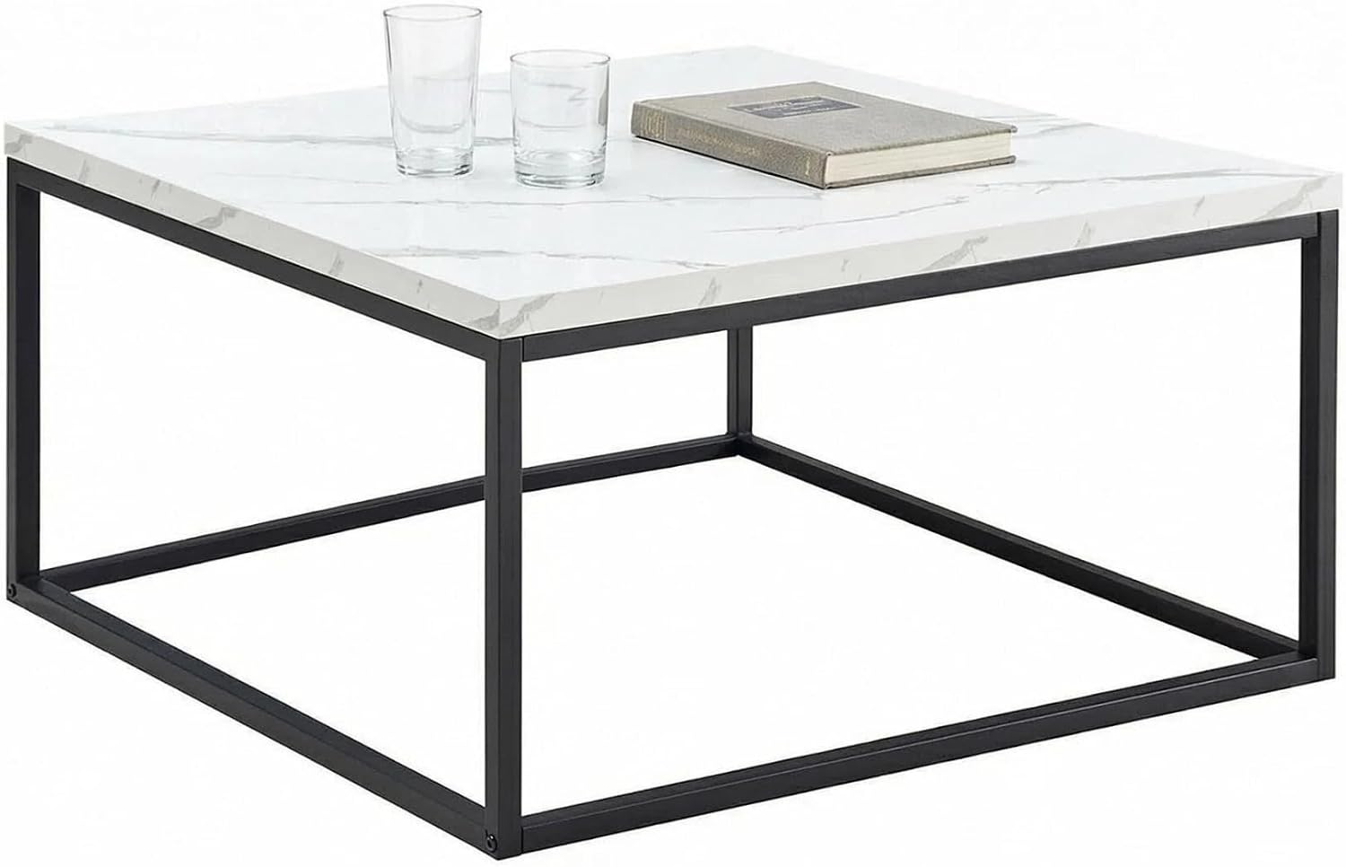 CENSI 30' Square Coffee Table, White Faux Marble Center Table for Living Room, Modern Minimalist Cocktail Table with Black Metal Frame, Extra Thick 1.2' Wood Top, Sturdy & Easy Assembly