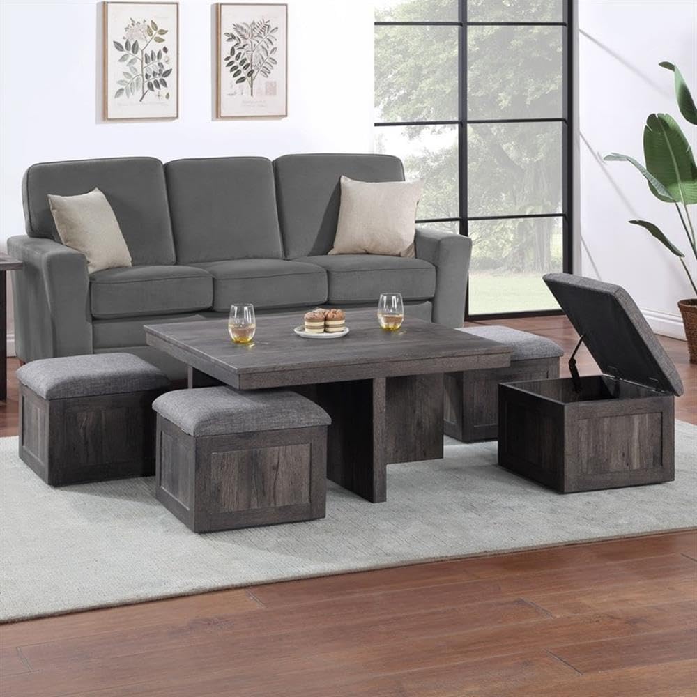 Lilola Home Moseberg Rustic Wood Coffee Table with Storage Stools