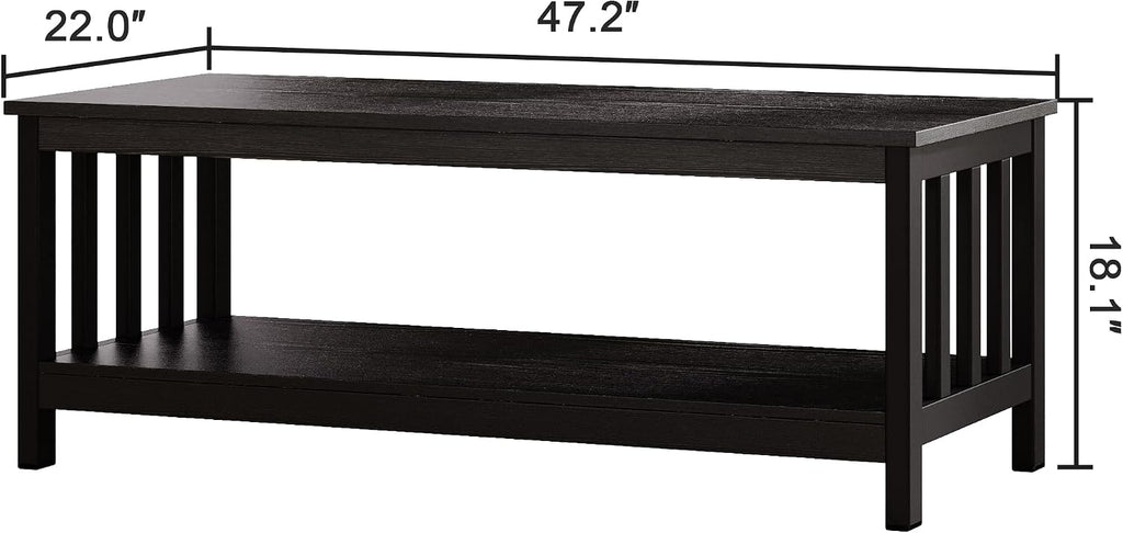 ChooChoo Mission Coffee Table, Black Wood Living Room Table with Shelf, 47 inch