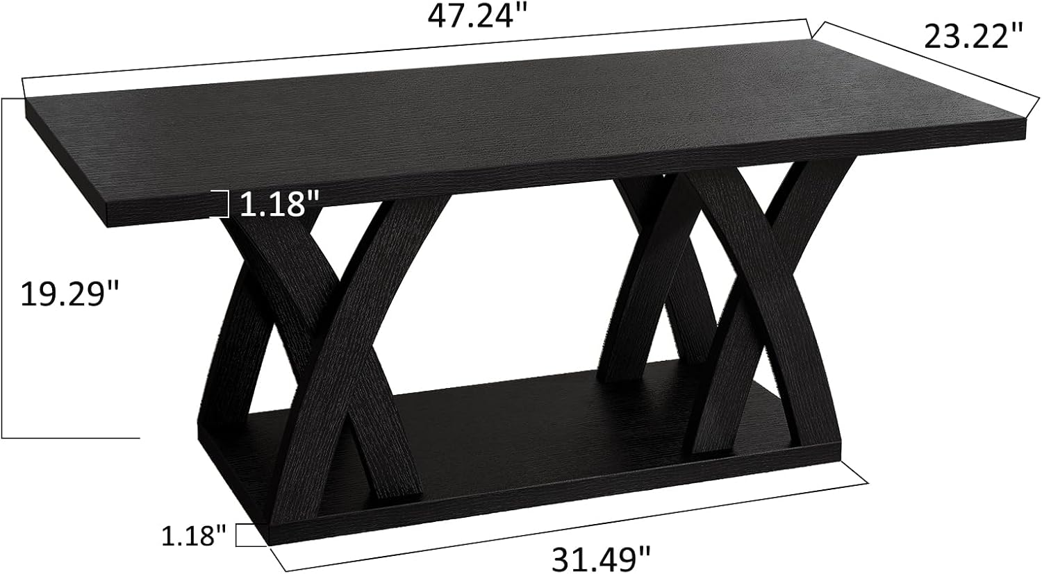 FROMJBEST Farmhouse Coffee Table with Shelf, Mordern CoffeeTable, Black Coffee Table Living Room, Living Room Tables,47' Black with Grey