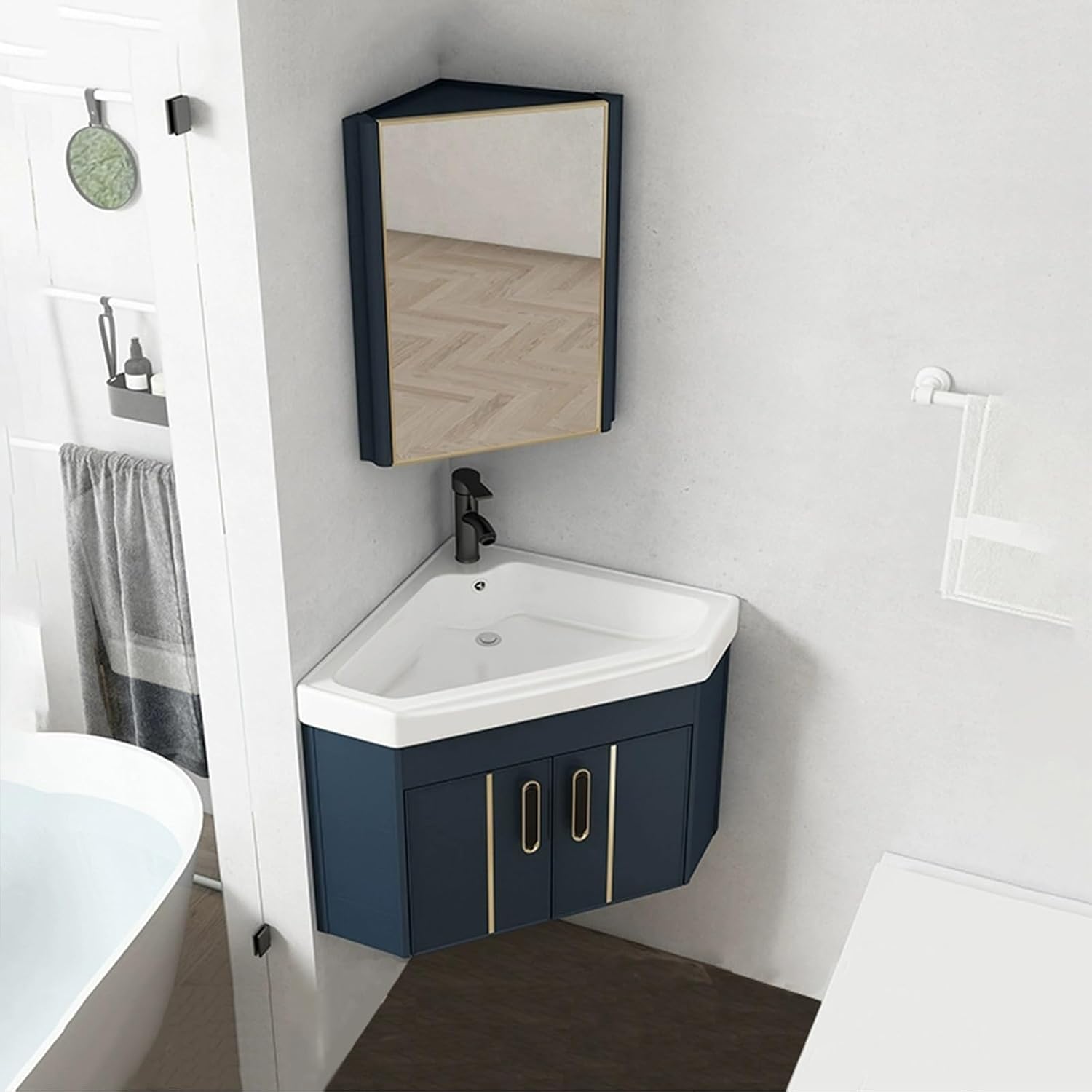 Bathroom Mirror Cabinet, Corner Vanity Mirror for Small Space, Wall Mounted Bathroom Storage Cabinet with Mirror, Aluminum Alloy Construction IP54 Waterproof (Color : Blue)