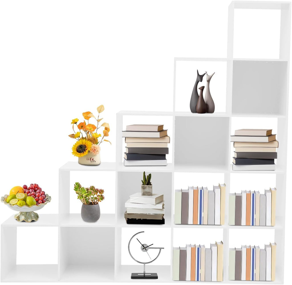 Ladder Cube Storage Bookcase 15-Cube Organizer for Home & Office L-Shaped Corner Shelf Freestanding L-Shaped Stepped Bookcase for Living Room Bedroom (White, 15-Cube)
