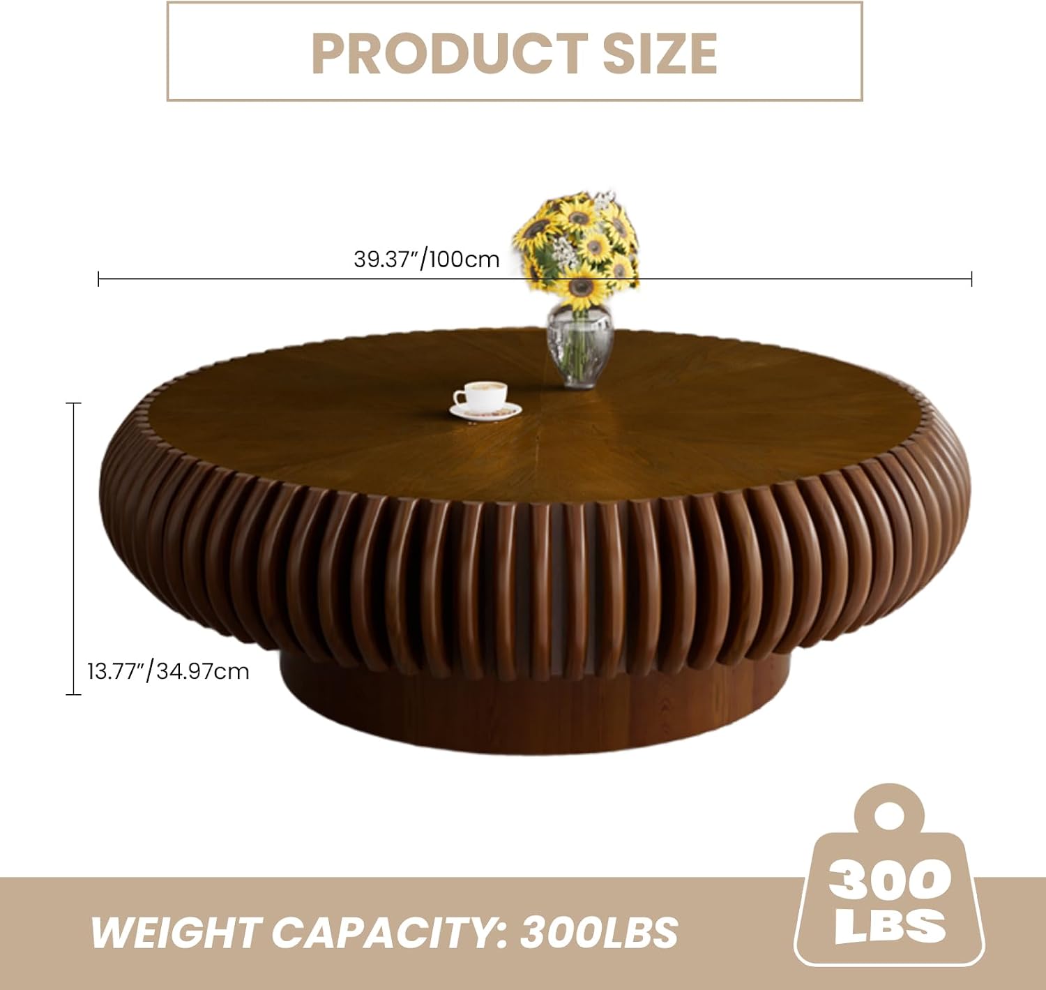 Fluted Drum Coffee Table Round Coffee Table for Living Room Mid Century Modern Coffee Tables with Sturdy Pedestal Circle Center Tea Table Accent Tea Table for Small Space Apartment (39.4inch Walnut)