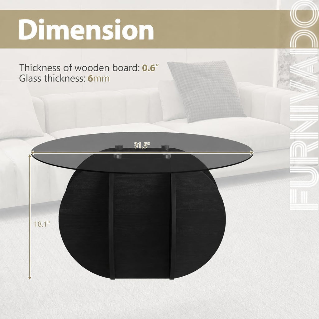 Glass Coffee Table, Round Coffee Table with Petal-Inspired Base, Modern Minimalist Coffee Table for Decoration, Black Coffee Tables for Living Room, Study Room, Office