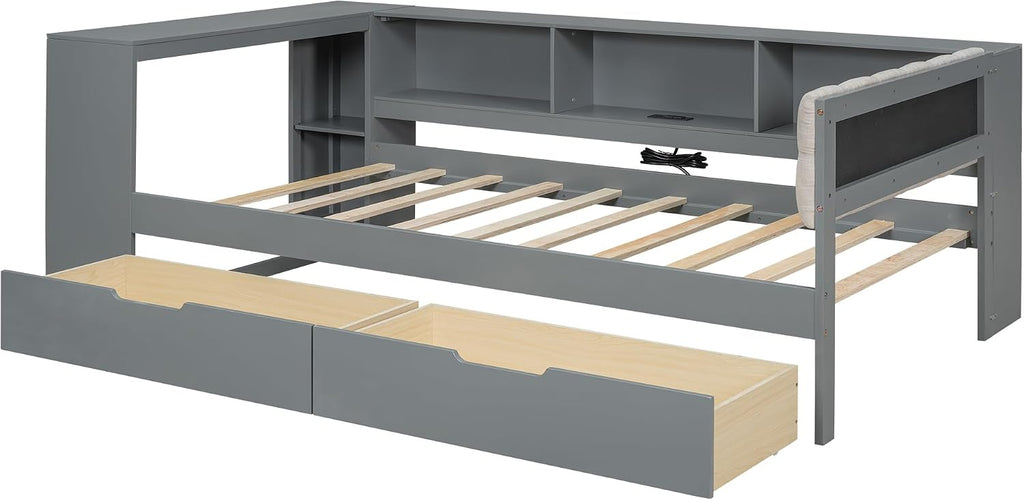 Bellemave Twin Size Corner Bed Frame with Storage Drawers and Desk,Captain Daybed with L-Shaped Bookcase,Corner Bed Frame Twin Size with Charging Station for Kids,Teens,Guests,Gray