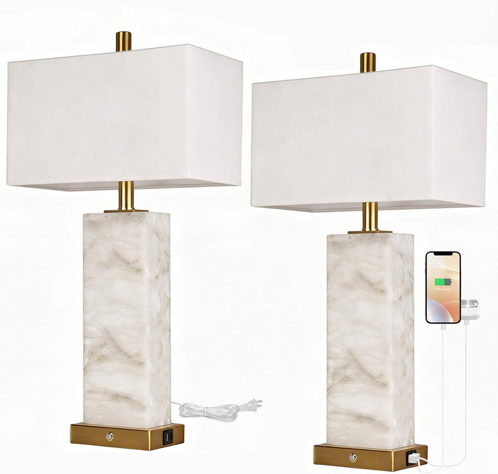 25.6' Alabaster Lamp, Marble Lamp Nightstand Lamps Set of 2, Modern Table Lamp with USB Ports, 3-Color Temperatures Bedside Lamps with Nightlight, Table Lamps for Living Room Bedroom, Bulbs Included
