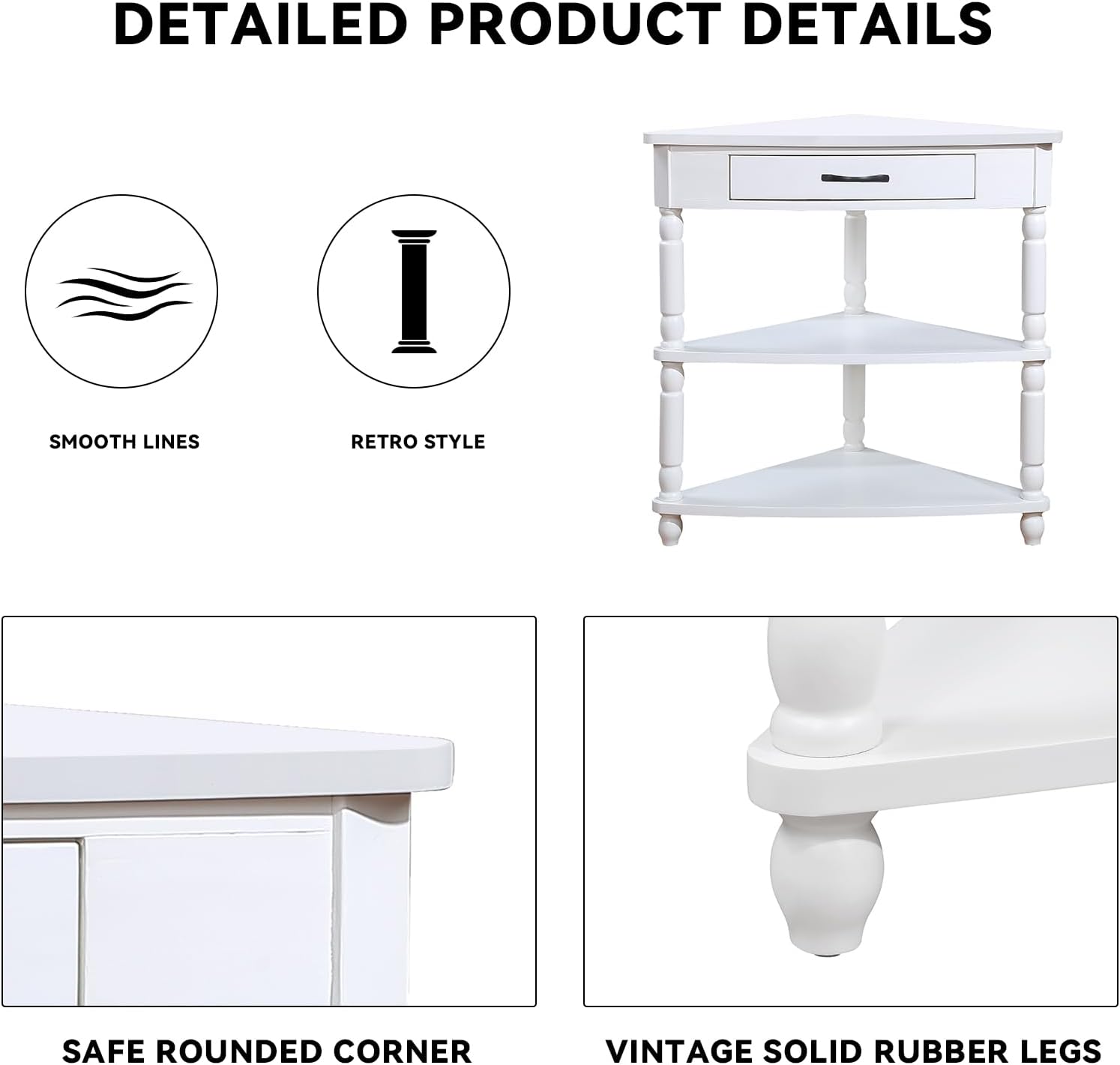 33.86' Corner Table, Wood 3 Tier Triangle Side Table Corner Shelf Stand with Solid Wood Legs 1 Drawer & 2 Storage Shelves for Living Room Small Space (Milk White)