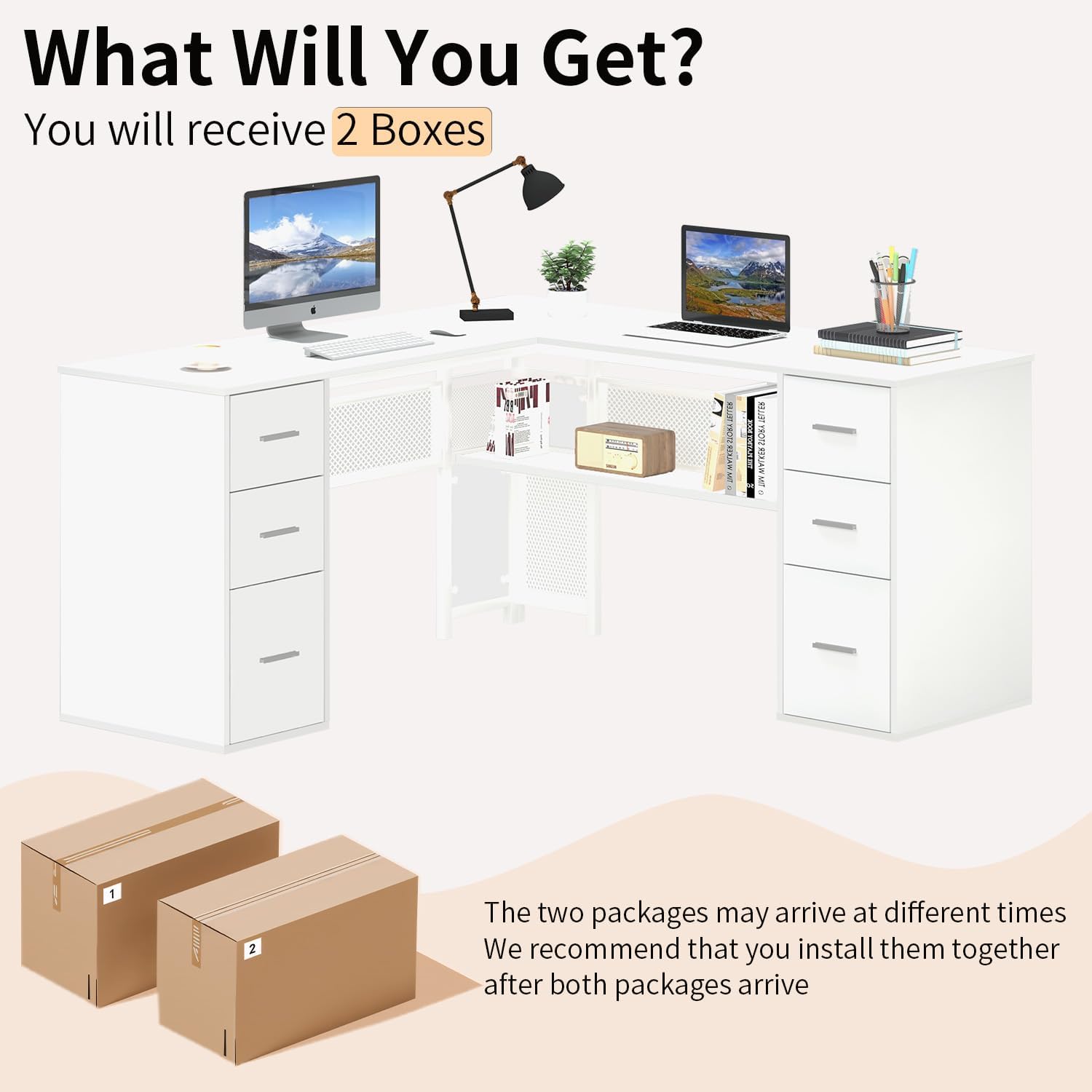 HSH White L Shaped Desk with Drawers Shelves, Large Home Office Corner Computer Desk with Storage File Cabinet, Modern Metal Wood Desk for Executive Writing Study Workstation, 59 Inch Bedroom Table