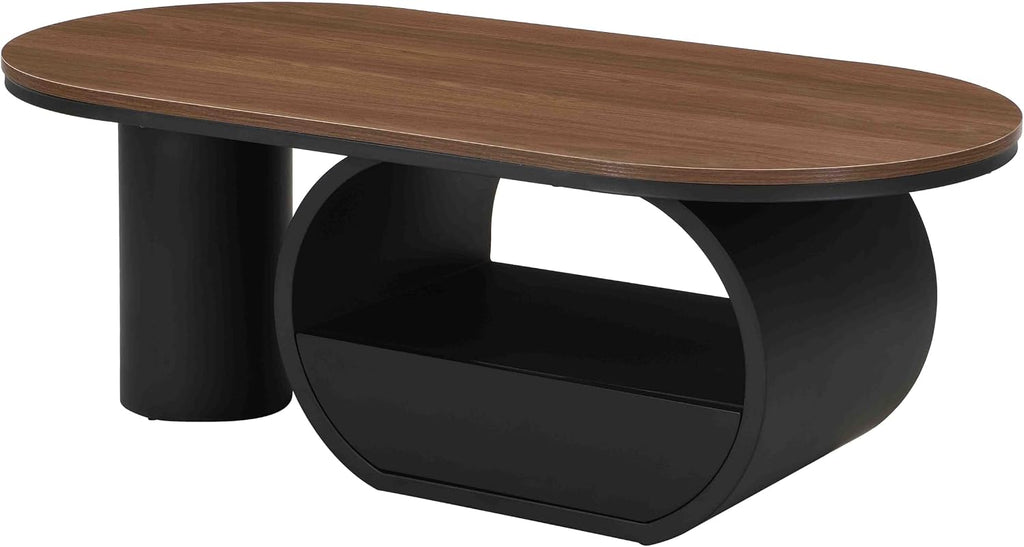 Luxury Black Oval Coffee Table, 47'' Modern Living Room Table with Storage Drawer, Rustic Walnut Top MDF, Sturdy Metal Base, Large Center Tables for Home Apartment