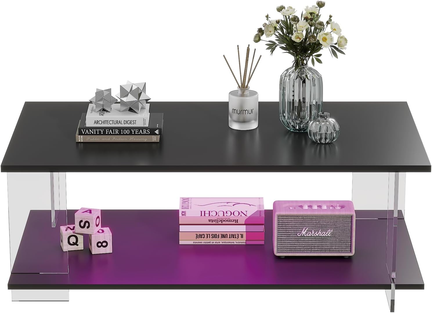 HedoAjim 43' Acrylic Coffee Table with Black Wood Top, Minimalist Stylish Modern Rectangular Center Tables for Living Room, Led Living Room Table with Storage Shelf & Acrylic Frame for Small Space