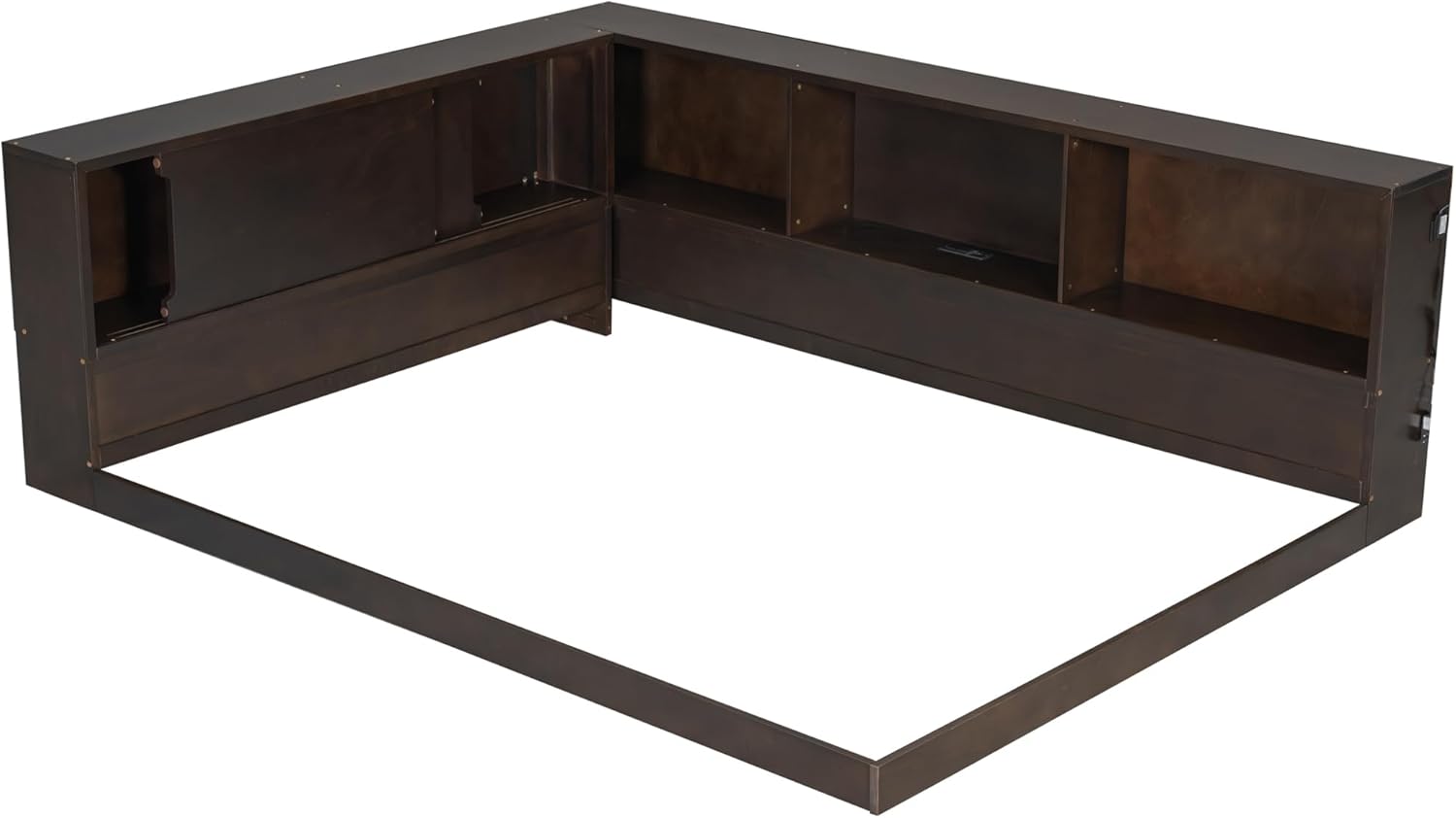 MERITLINE Queen Size Corner Bed Frame with Storage Bookcase & Shelves, Wood L-Shaped Daybed with LED Lights, USB Ports and Headboard, No Slats, Brown