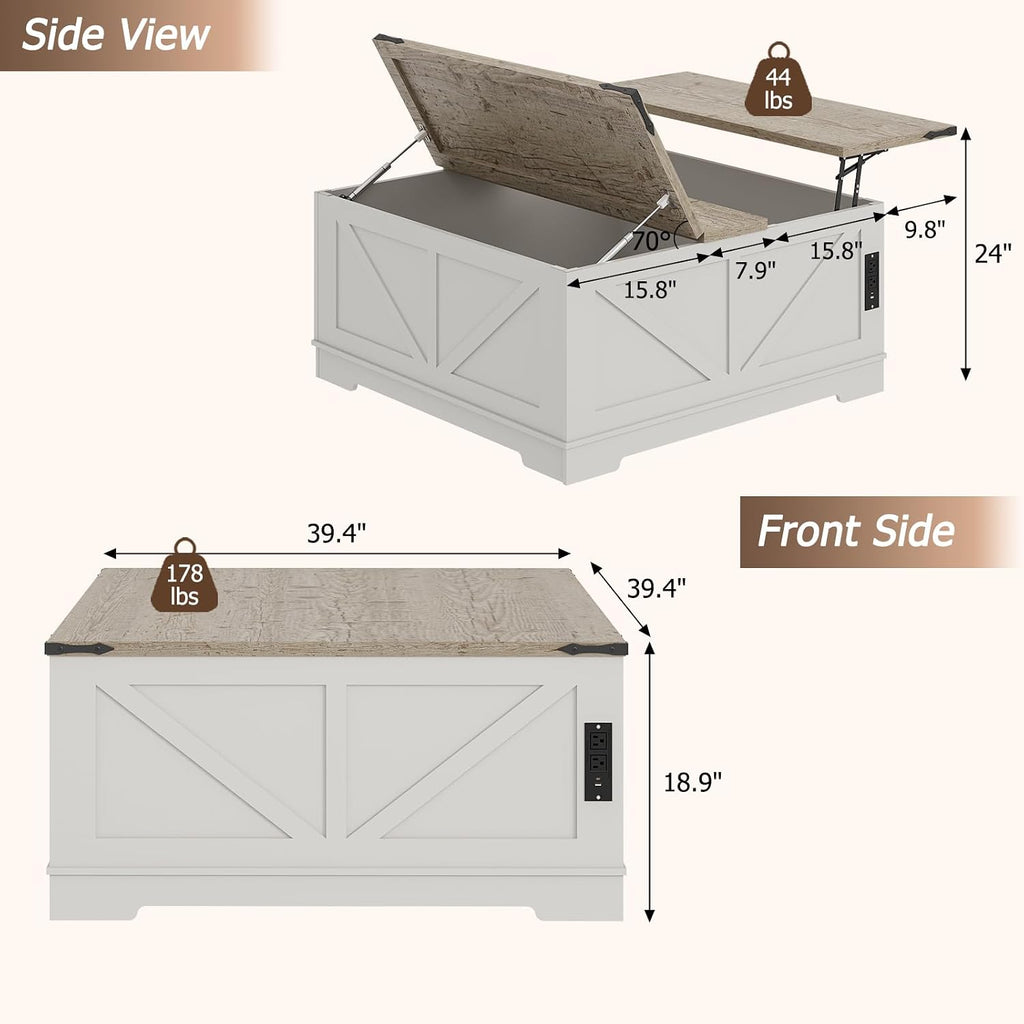 EAG 40' Large Farmhouse Lift Top Coffee Table with Hidden Compartment & Power Outlets, Square Wooden Coffee Table with Multi-Function Flip-Top Ample Storage Center Table for Living Room, White