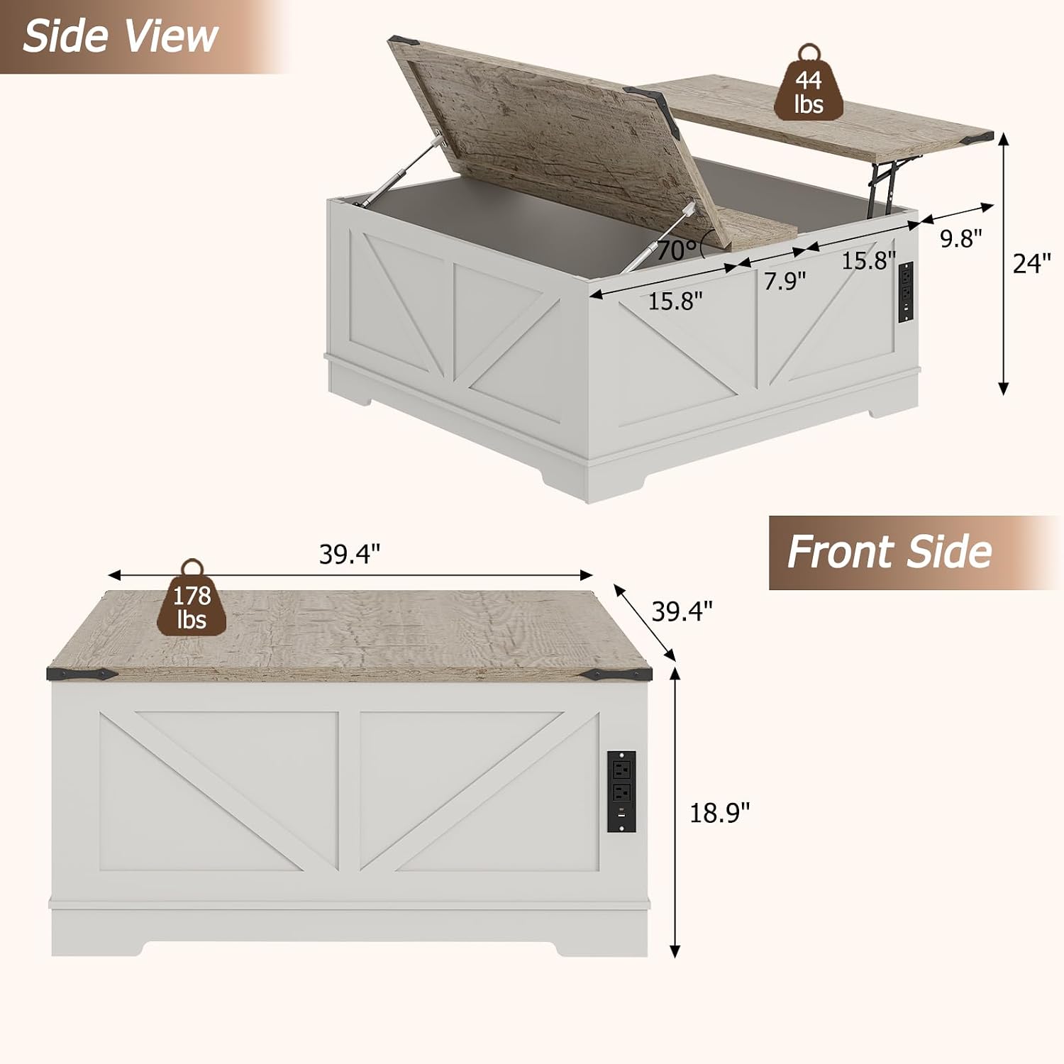 EAG 40' Large Farmhouse Lift Top Coffee Table with Hidden Compartment & Power Outlets, Square Wooden Coffee Table with Multi-Function Flip-Top Ample Storage Center Table for Living Room, White