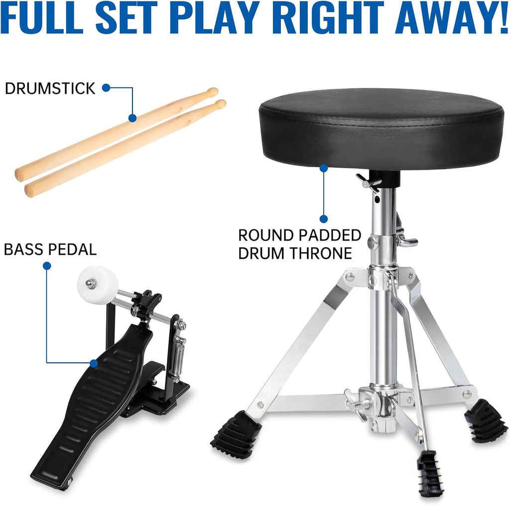 MOSEN Drum Set for Kids, 3-Piece Beginner Drum Kit with 14' Bass Drum, Tom Snare Drums, Adjustable Throne, Cymbal, Pedal & Drumsticks, Drums for Junior Kids Ages 5-9 - Blue