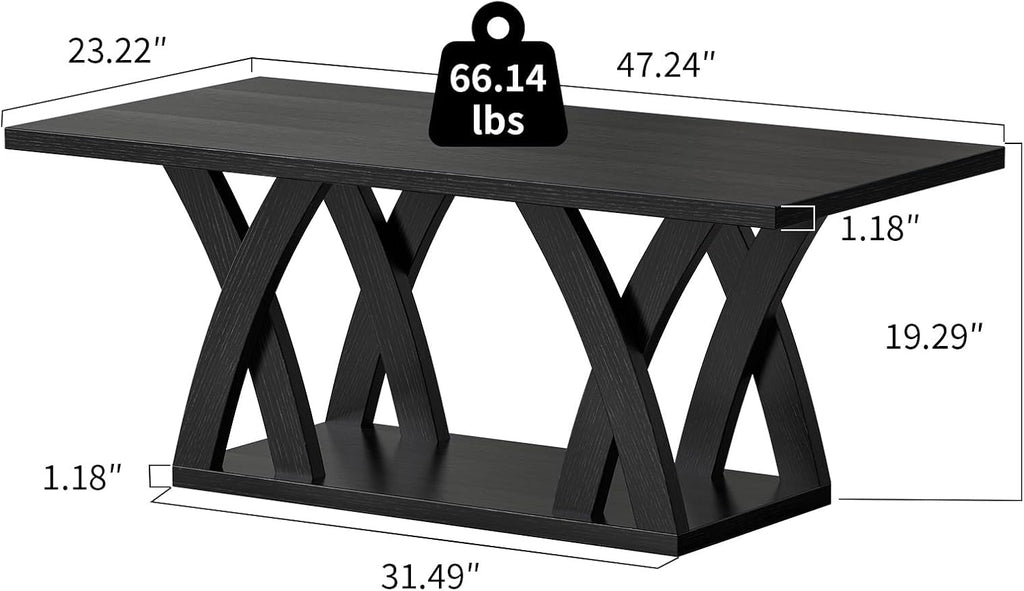 47' Farmhouse Coffee Tables for Living Room Rustic Stands with Storage Shelf Black Coffee Tables for Living Room Farmhouse Center Stands with Shelf Wood Rectangle Center Table