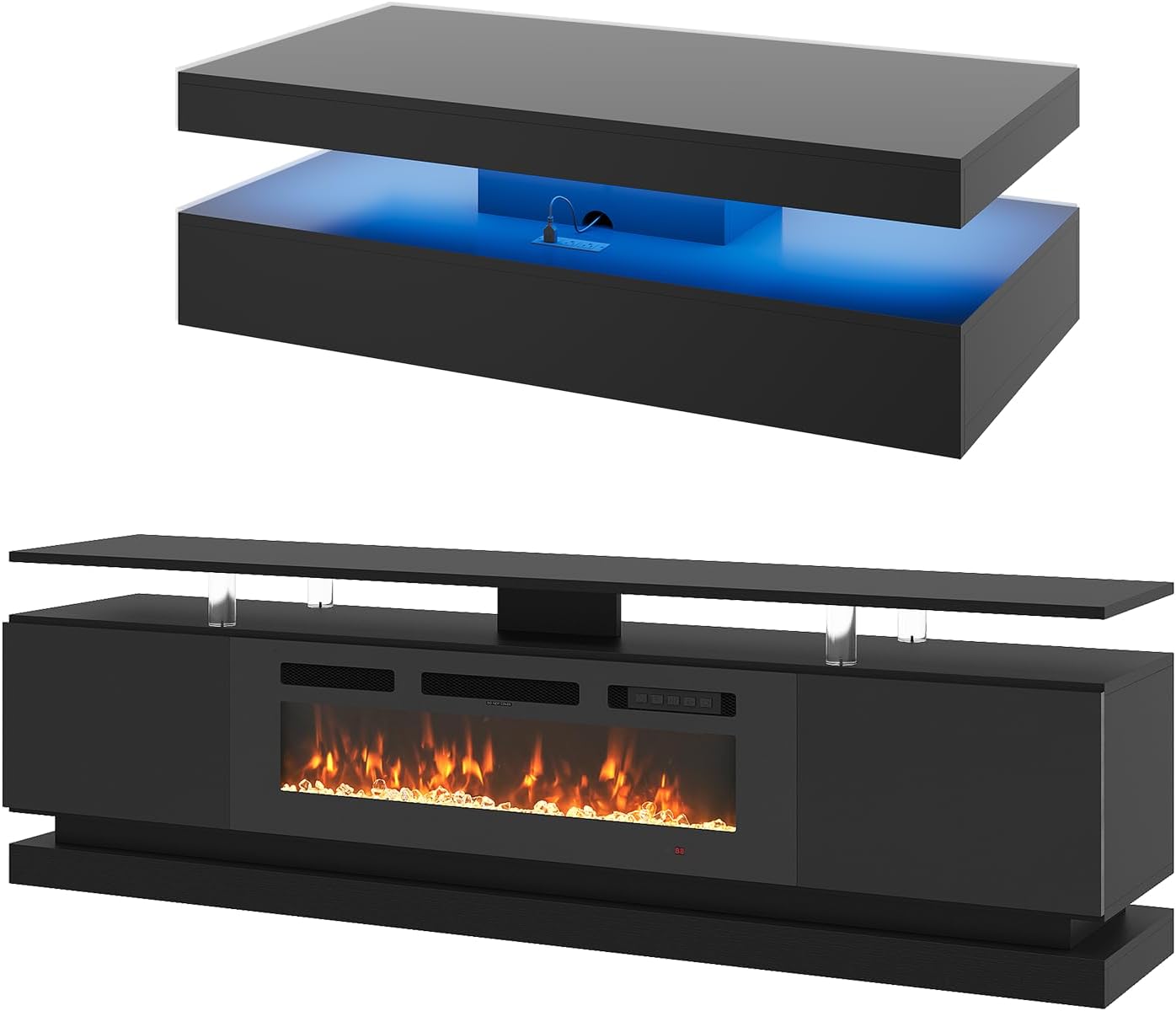 Modern Table Set Includes 70' Fireplace TV Stand & 47' Coffee Table with Charging Station and USB Ports, for Living Room, Black