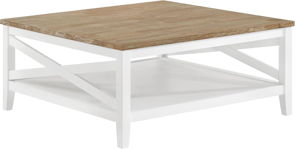 Coaster Home Furnishings - Hollis - Engineered Wood - Square Coffee Table with X-Cross Accents, Lower Shelf and Two-Tone Design - Living Room - 39-Inch - Brown and White - 708098