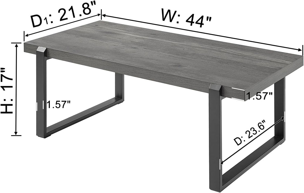 EXCEFUR Modern Coffee Table, Rustic Wood and Metal Center Table, Rectangle Cocktail Tea Table for Living Room, Grey, 44 Inch