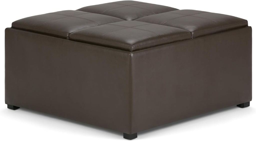 SIMPLIHOME Avalon 35 inch Wide Contemporary Square Coffee Table Storage Ottoman in Chocolate Brown Vegan Faux Leather, Assembled, For the Living Room and Bedroom