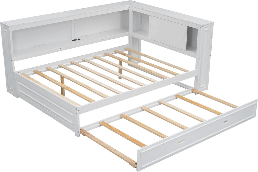 LUMISOL Full Size Corner Bed with Storage Shelves & Trundle, Wooden L-Shaped Day Bed Frame with Charging Station & LED Lighting for Living Room or Guestroom, White