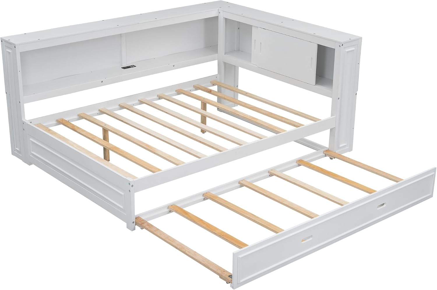 Full Size Daybed with Trundle,L-Shape Daybed with USB Charging Station & LED Light Strip for Kids Teens Adults,Wooden Corner Bed Frame with Storage Shelves & Slat Support for Bedroom,Guest Room,White