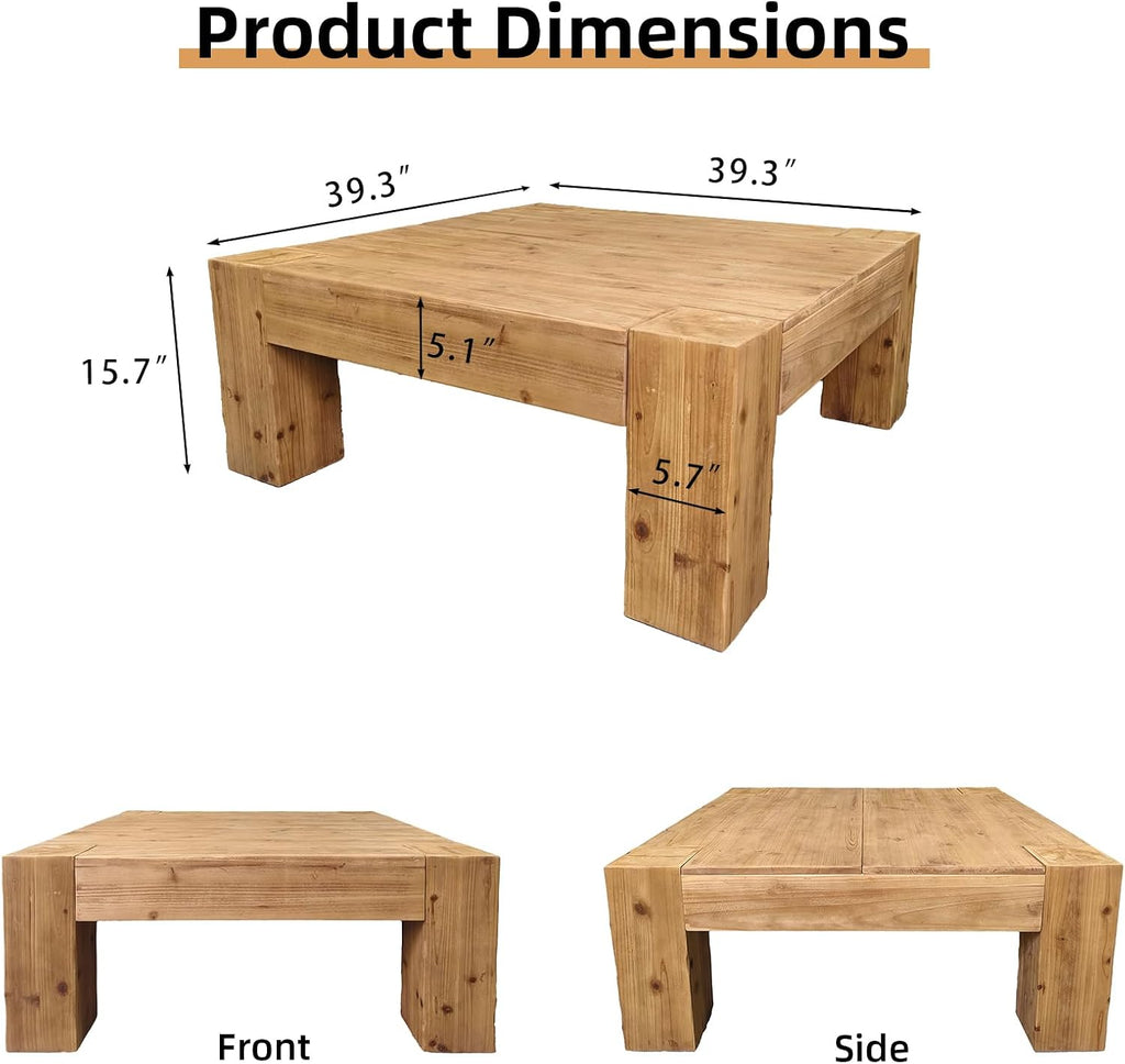 Rustic Wooden Coffee Table for Living Room, Big Square Coffee Table Mid Century Modern Center Table, Large Farmhouse Solid Wood Tea Table for Office Apartment (39.37''L × 39.37''W × 15.75''H)