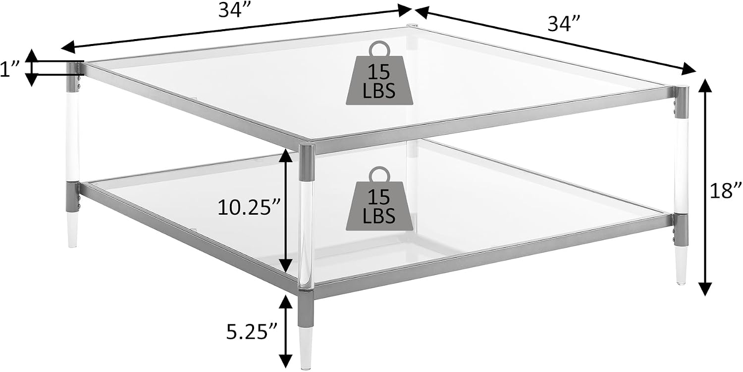 Convenience Concepts Royal Crest Acrylic Glass Square Coffee Table 34' - Modern 2-Tier Tempered Glass Living Room Table with Storage Shelf, Gold Chrome Frame Table with Acrylic Legs, Gold
