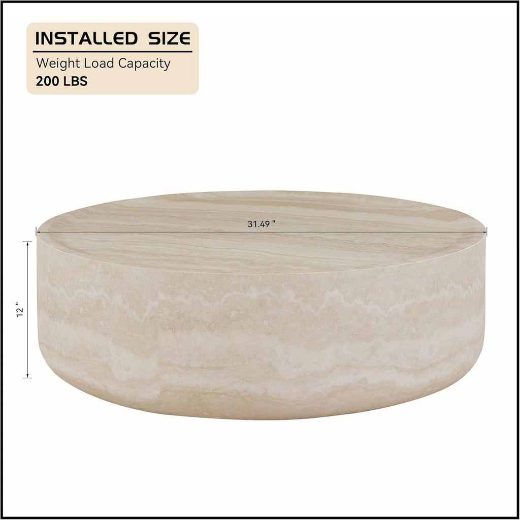 31.49' Faux Marble Coffee Table for Living Room, Travertine Stone Pattern Modern Drum Circle Round Center Table for Living Room, Apartment, Office, Fiberglass, No Assembly, Beige
