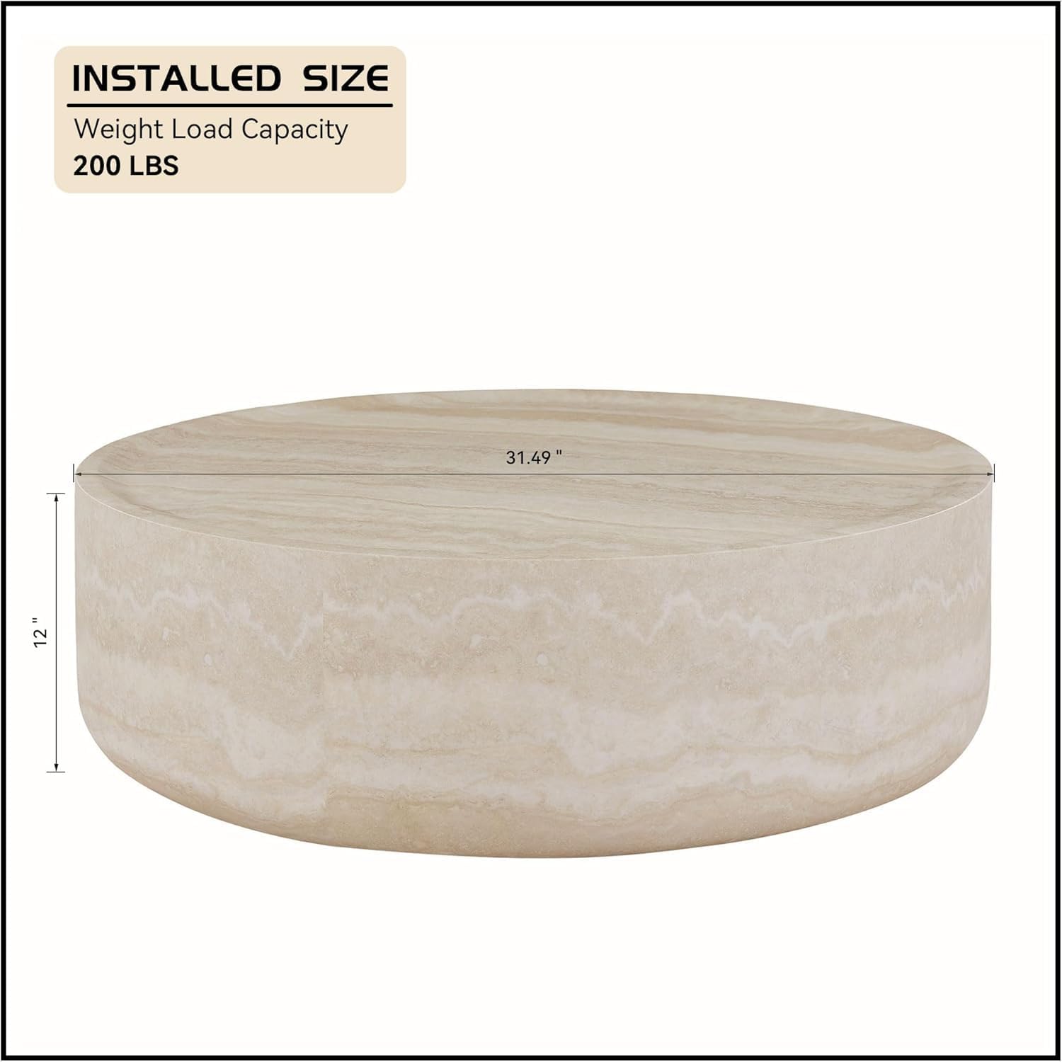 31.49' Faux Marble Coffee Table for Living Room, Travertine Stone Pattern Modern Drum Circle Round Center Table for Living Room, Apartment, Office, Fiberglass, No Assembly, Beige