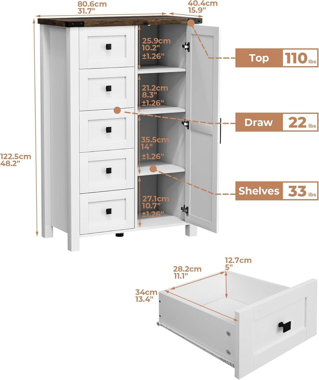 VVFLU Farmhouse Dresser Storage Cabinet Chest of Drawer for Bedroom, 5 Drawer Dresser with Barn Door, 48 Inch Tall White Wood Dresser, Adjustable Shelves, Rustic, for Living Room, Entryway, Hallway