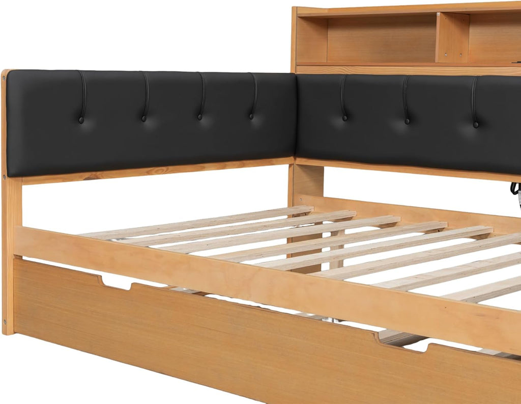 SOFTSEA Full Size Daybed with Trundle & Storage Drawers, Wood L-Shaped Daybed Corner Bed with Upholstered Headboard, Bench, 2 Drawers, Bookcase & USB Ports for Boys Girls Kids Adults, Natural Black