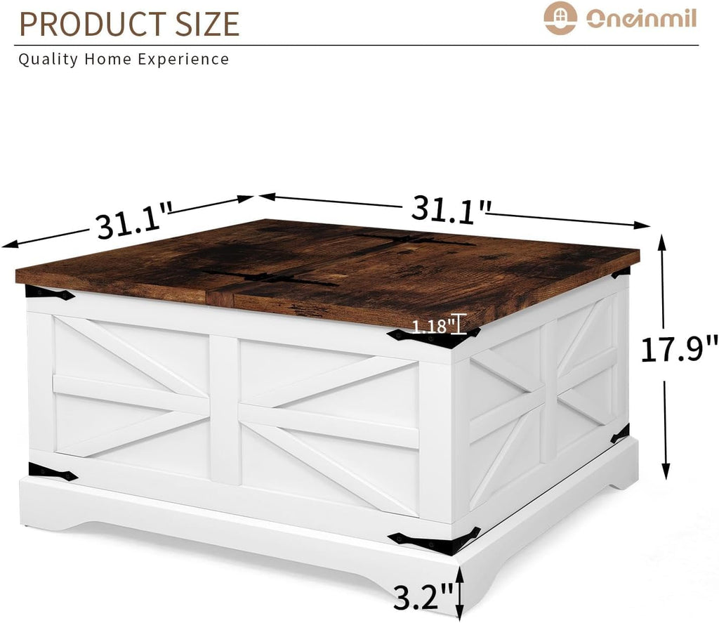 oneinmil Farmhouse Coffee Table with Storage Organizer, Square Coffee Tables with Large Storage Space, Center Table for Living Room, Bedroom, Home Office, White