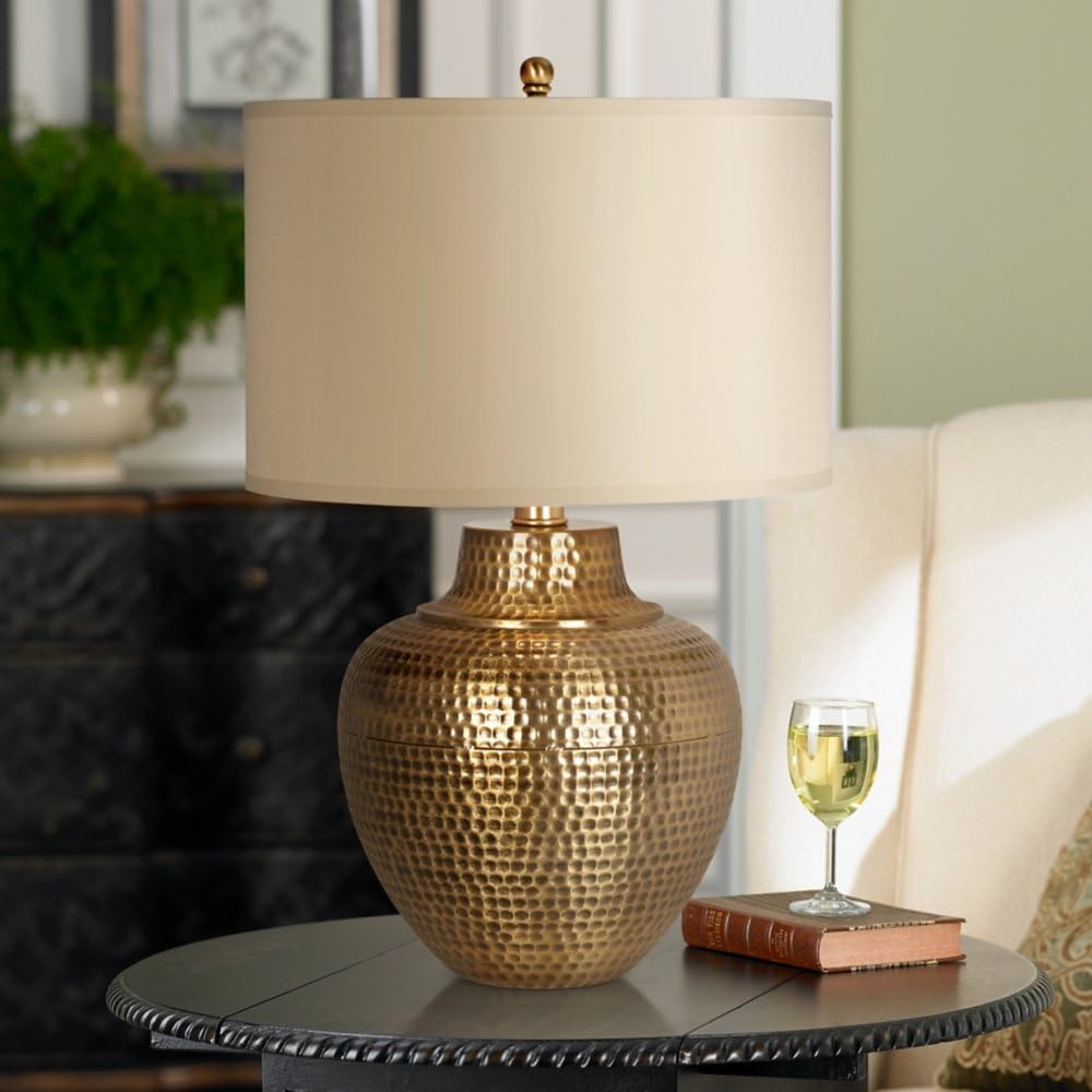 Franklin Iron Works Maison Loft Rustic Farmhouse Table Lamp 27' Tall Hammered Antique Brass Cream Linen Drum Shade for Living Room Bedroom Bedside Nightstand Office Family Traditional